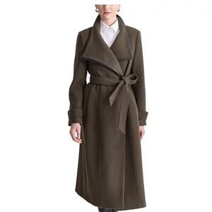 DKNY Women’s XL Loden Chocolate Brown & Leather Trim Wool Blend Wrap Coat NWT